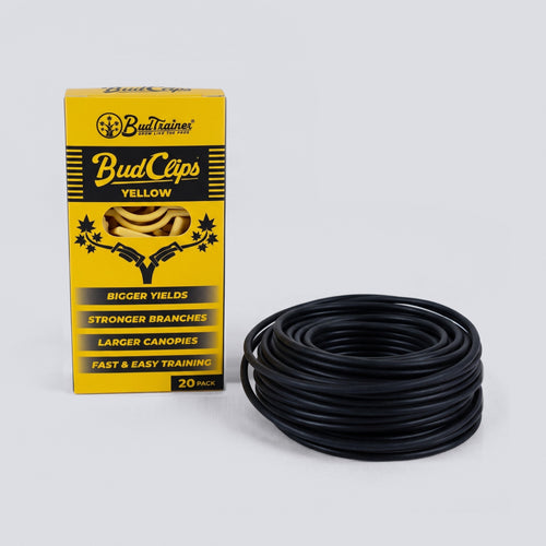 Clip and Wire Starter Pair: a 20-pack of yellow plant training clips in its carton and a coil of black soft garden wire