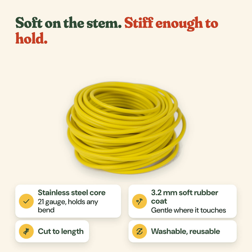 Coil of soft garden wire: stainless steel core, 21 gauge, 3.2 mm soft rubber coat, cut to length, washable and reusable