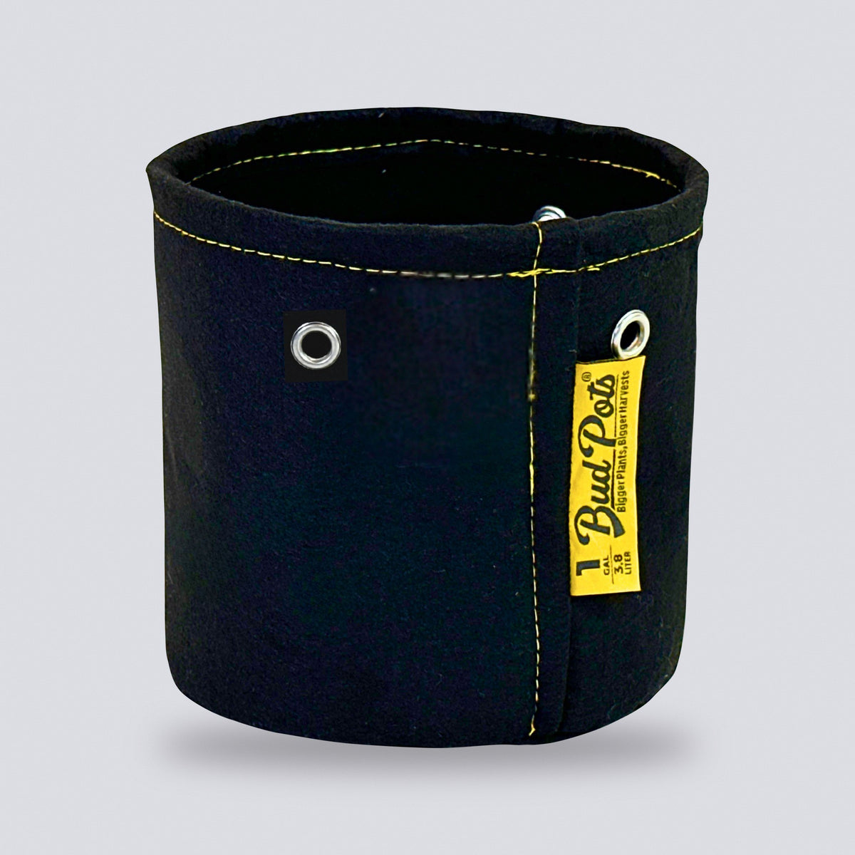 1 gallon black fabric grow bag on a grey background