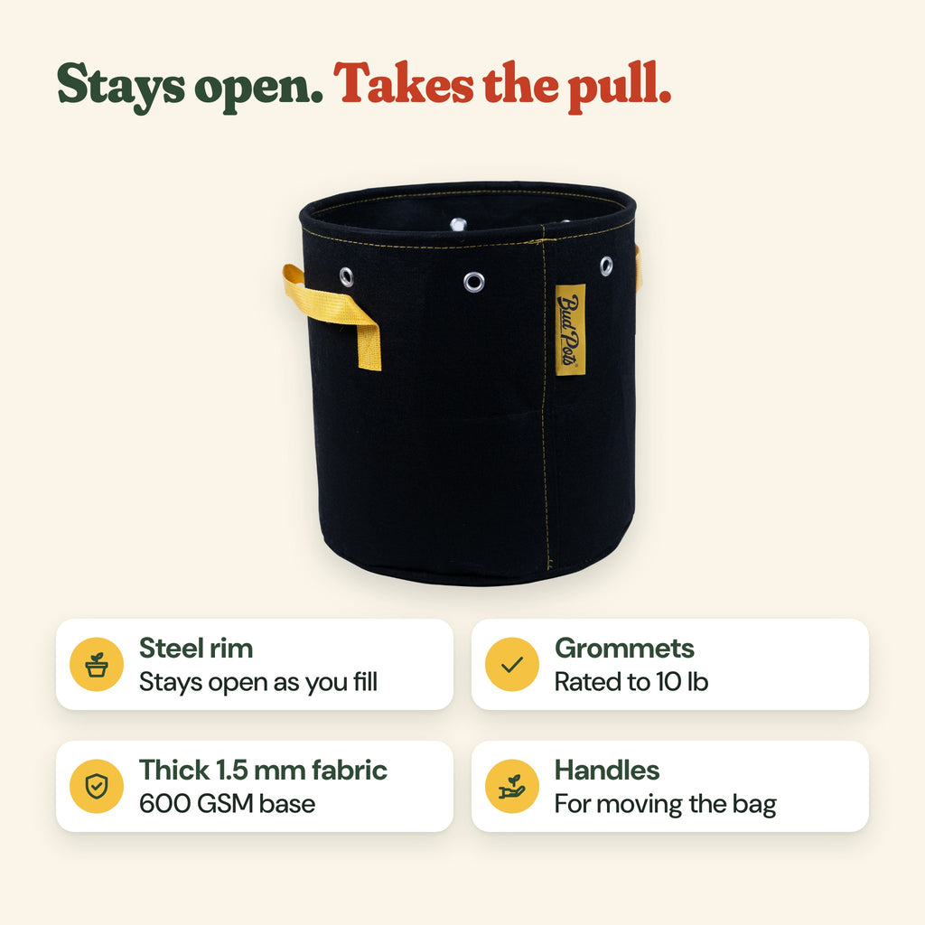 Black fabric grow bag: steel rim keeps it open, grommets rated to 10 lb, thick 1.5 mm fabric with a 600 GSM base, handles