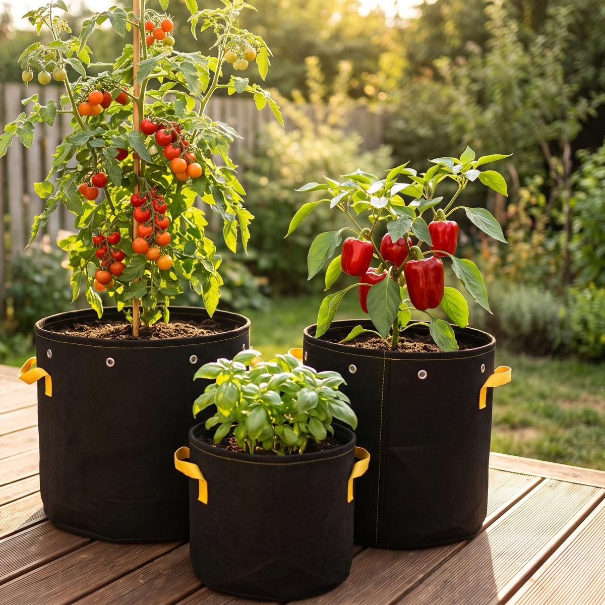 Black fabric grow bags with tomatoes, peppers and basil on a sunny patio