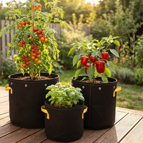 Black fabric grow bags with tomatoes, peppers and basil on a sunny patio