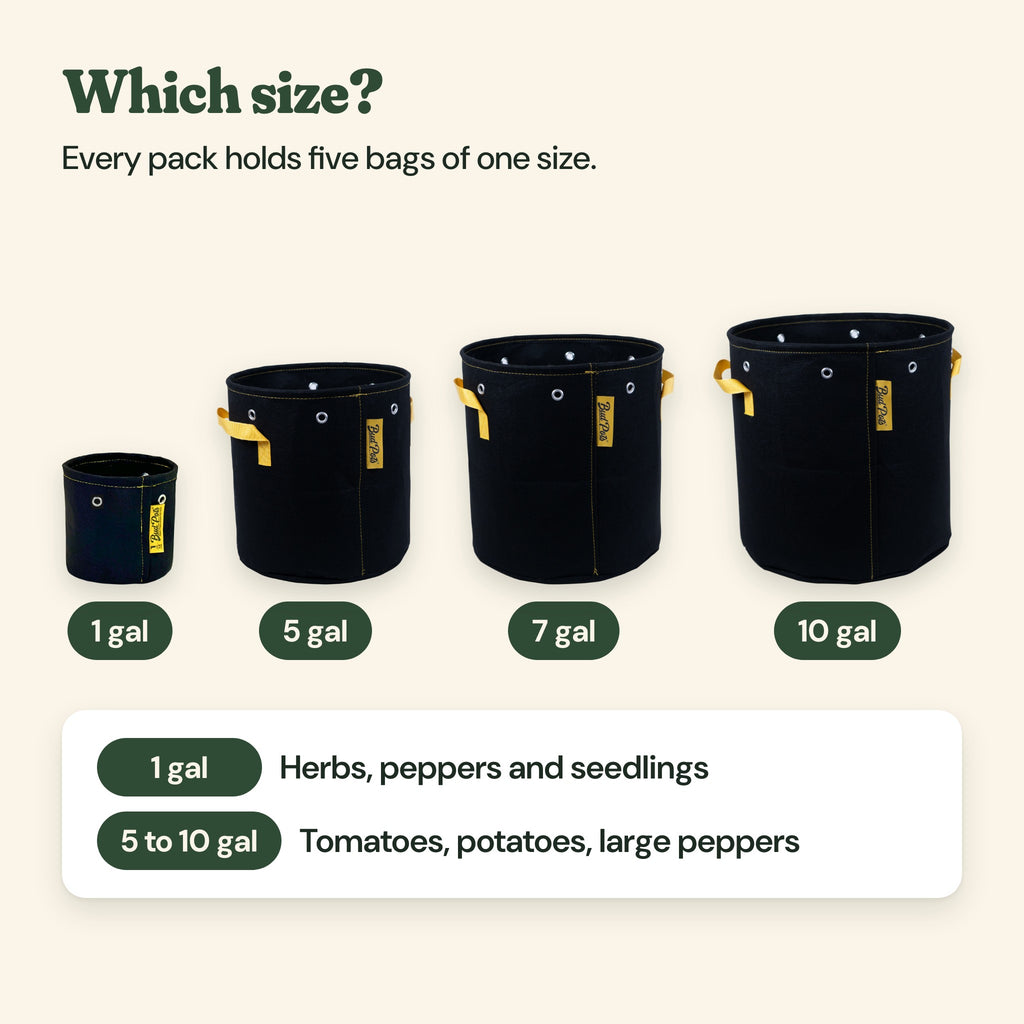 Fabric grow bags in 1, 5, 7 and 10 gallon sizes: 1 gallon for herbs, peppers and seedlings, 5 to 10 gallons for tomatoes, potatoes and large peppers