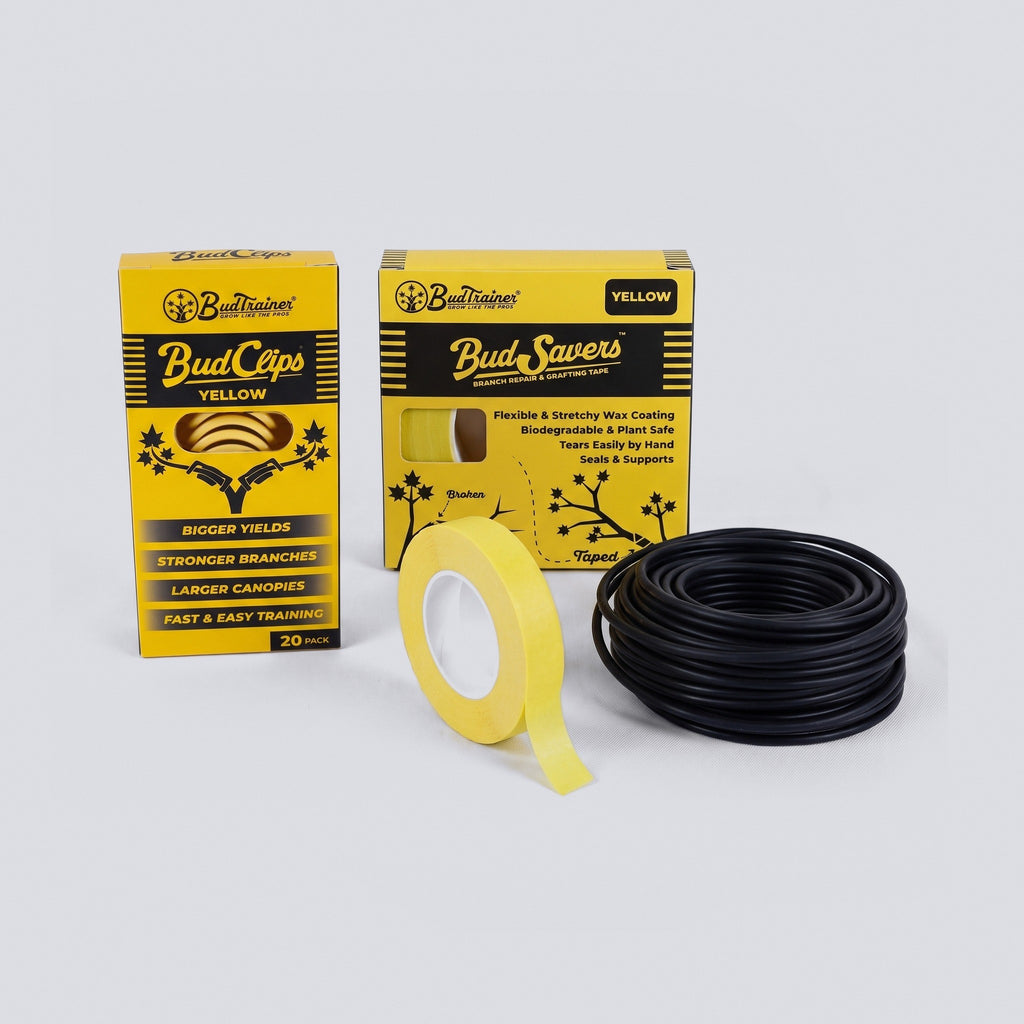 Gardener's Gift Set: a carton of plant training clips, repair tape in its box and on the roll, and a coil of black soft garden wire