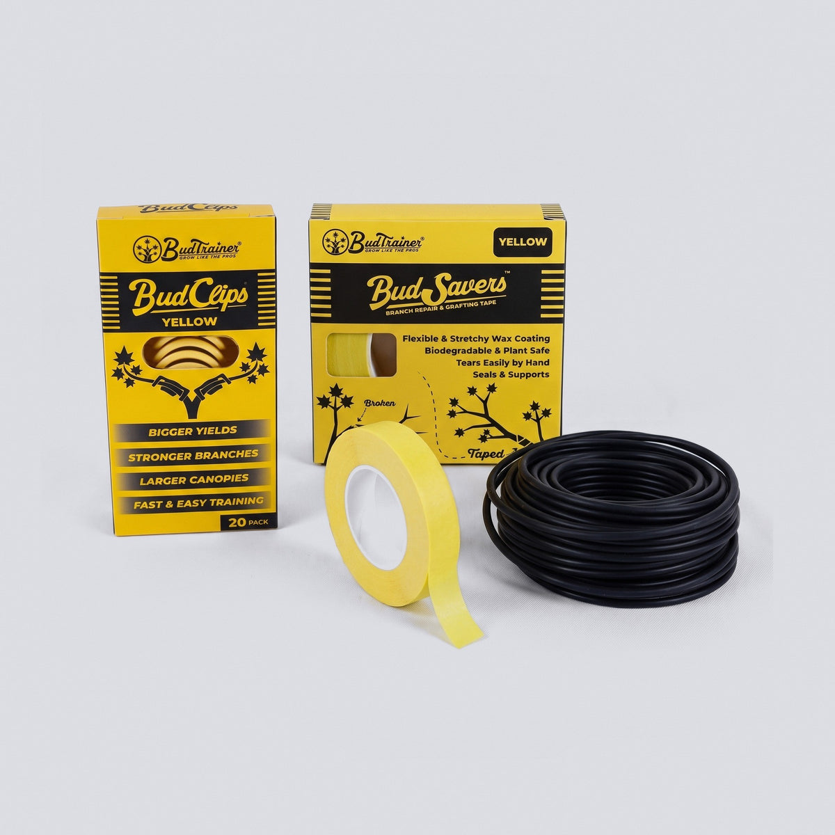 Gardener's Gift Set: a carton of plant training clips, repair tape in its box and on the roll, and a coil of black soft garden wire