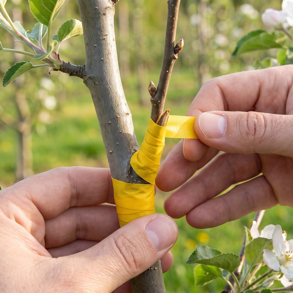Hands wrapping yellow grafting tape around a graft on a young apple tree