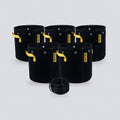 Five black 5 gallon fabric grow bags with yellow handles and a coil of black soft garden wire