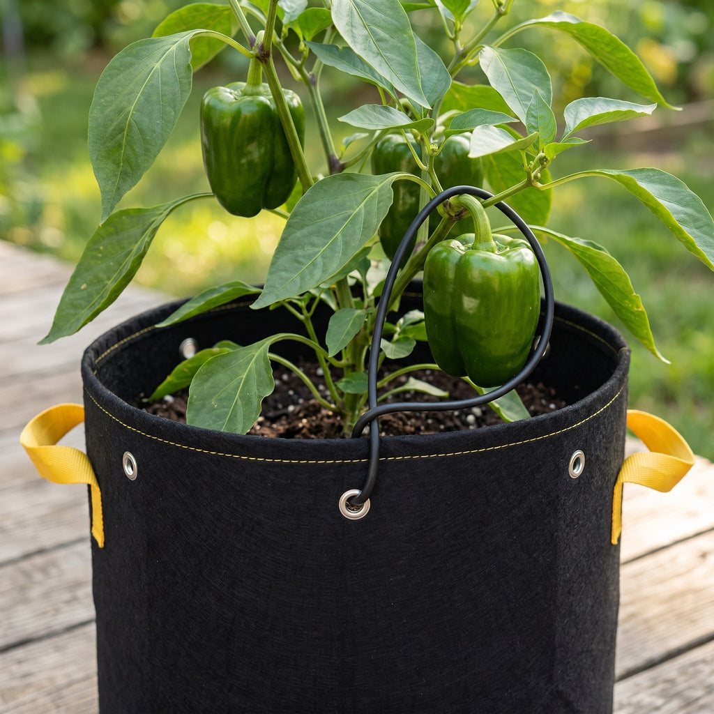 Bell pepper plant in a black 5 gallon fabric grow bag, a fruiting branch held by black soft garden wire hooked through a rim grommet
