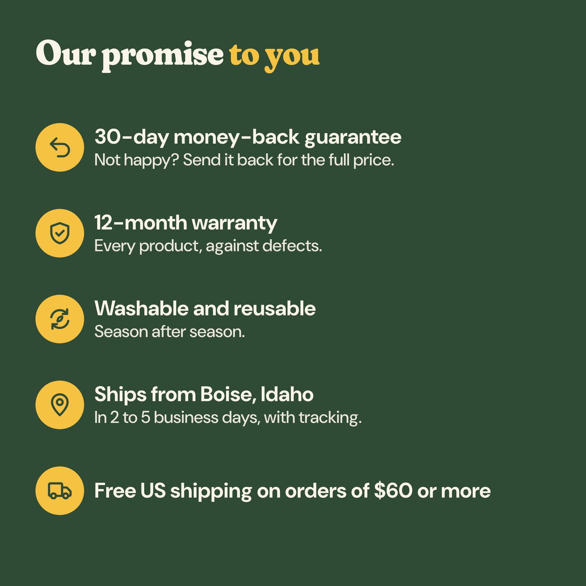 Our promise: 30-day money-back guarantee, 12-month warranty, washable and reusable, ships from Boise, Idaho, free US shipping on orders of $60 or more