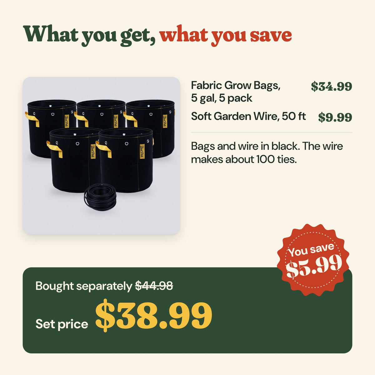 What you get: 5 gallon fabric grow bags 5 pack ($34.99) and soft garden wire 50 ft ($9.99), $44.98 bought separately, set price $38.99