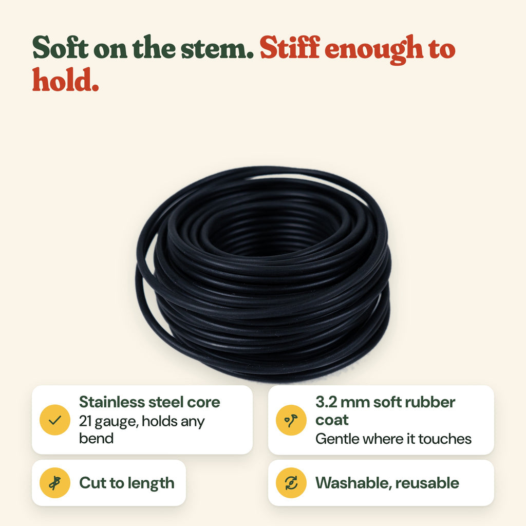 Coil of black soft garden wire: stainless steel core, 21 gauge, 3.2 mm soft rubber coat, cut to length, washable and reusable