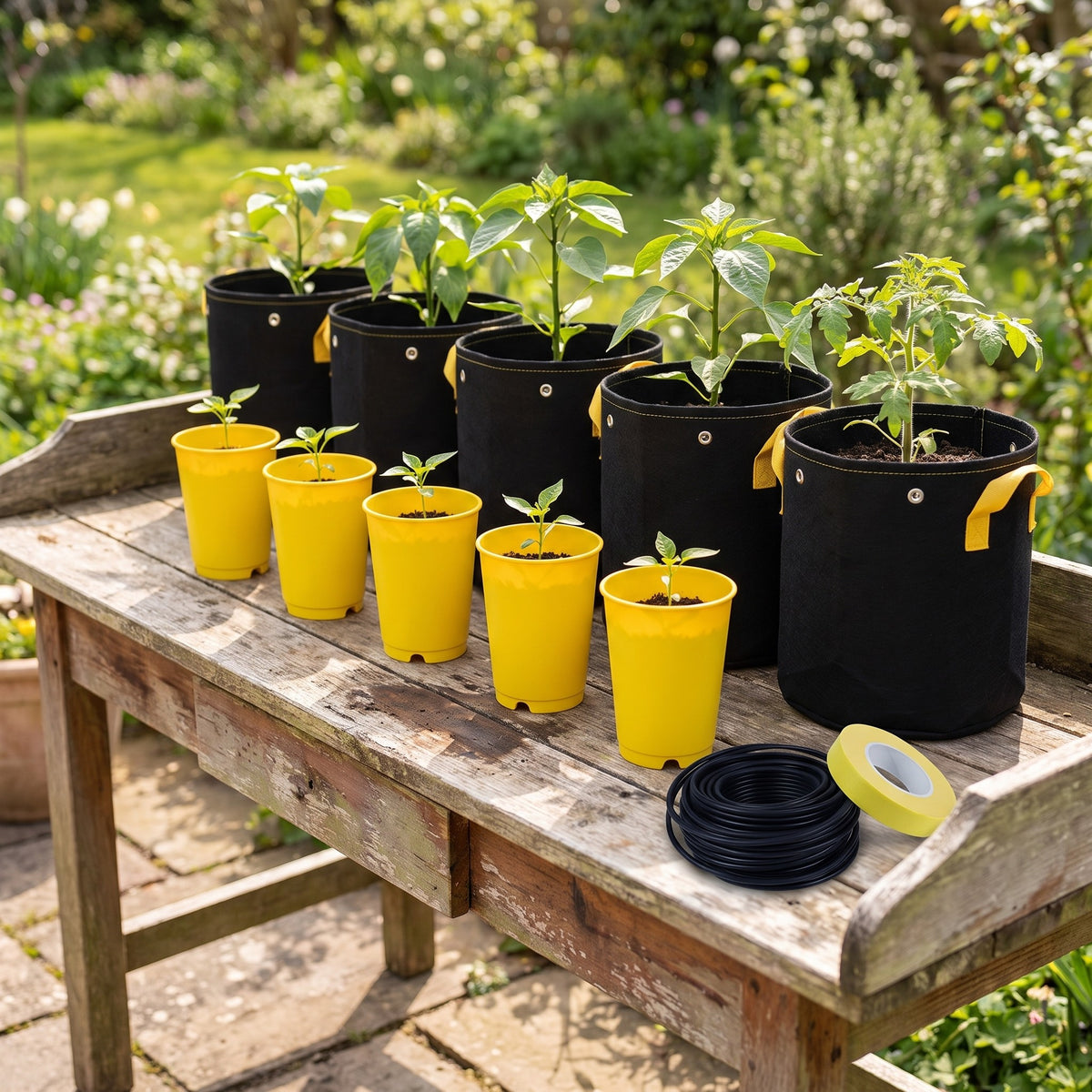 Five seed starting cups, five 1 gallon grow bags, a coil of black soft wire and a roll of yellow tape on a potting bench
