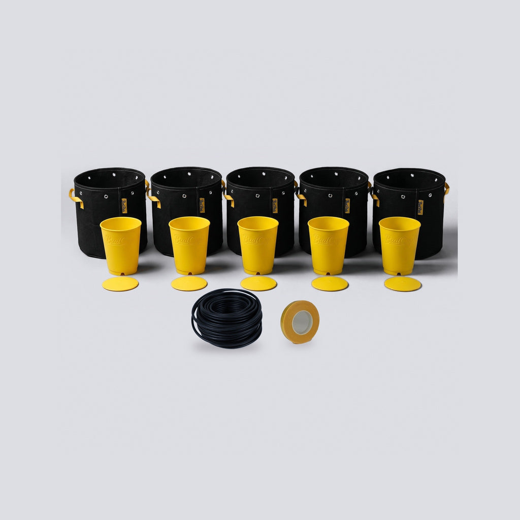 Grow Your Own Gift Set: five yellow seed starting cups, five 1 gallon grow bags, a coil of black soft garden wire and a roll of yellow repair tape