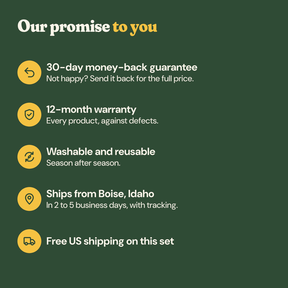 Our promise: 30-day money-back guarantee, 12-month warranty, washable and reusable, ships from Boise, Idaho, free US shipping on this set