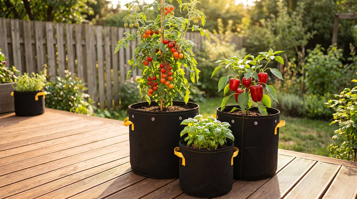 Tomato, pepper and basil growing in black fabric grow bags on a sunny patio