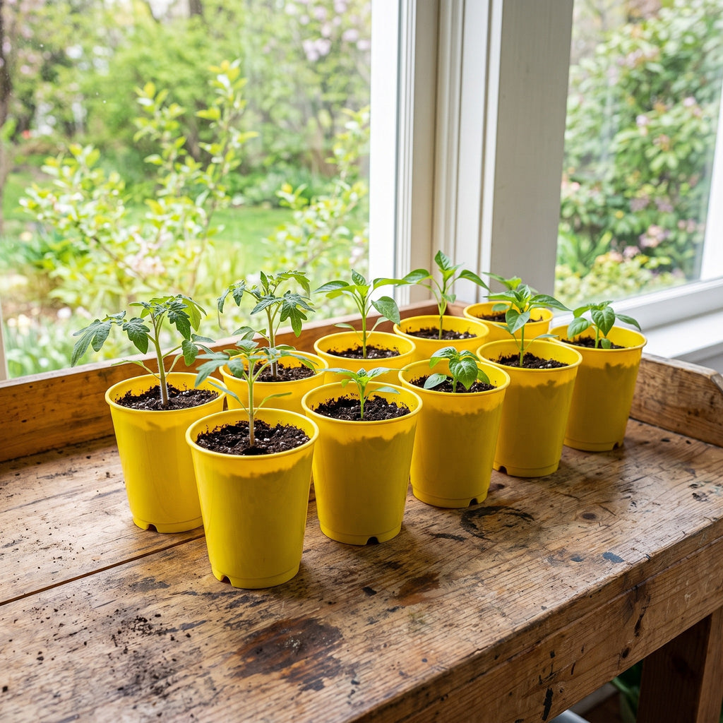 Ten yellow seed starting cups with tomato and pepper seedlings on a potting bench by a window