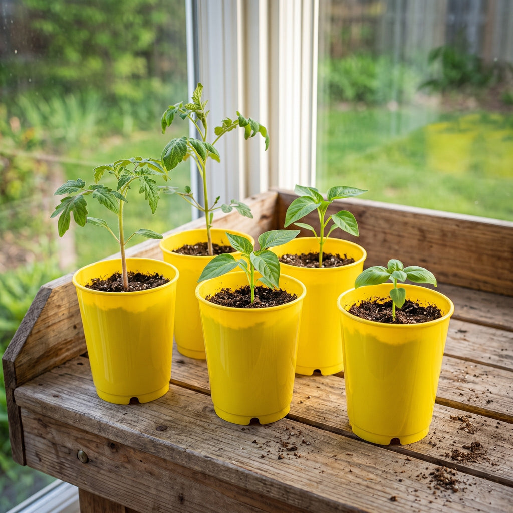Yellow seed starting cups with young seedlings on a potting bench by a window