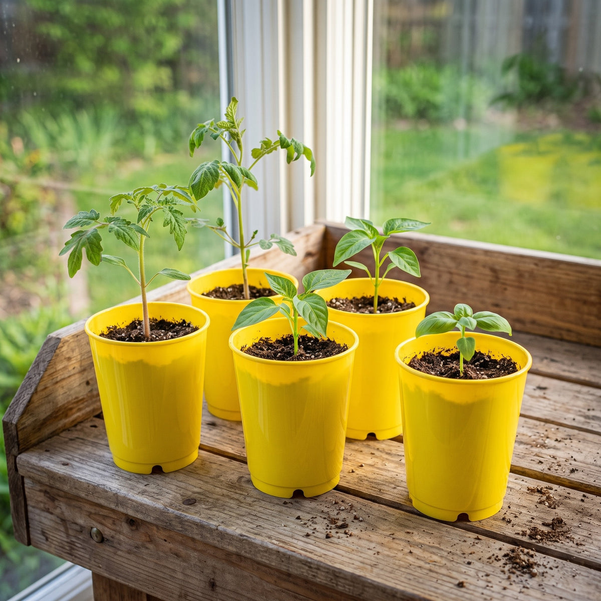 Yellow seed starting cups with young seedlings on a potting bench by a window