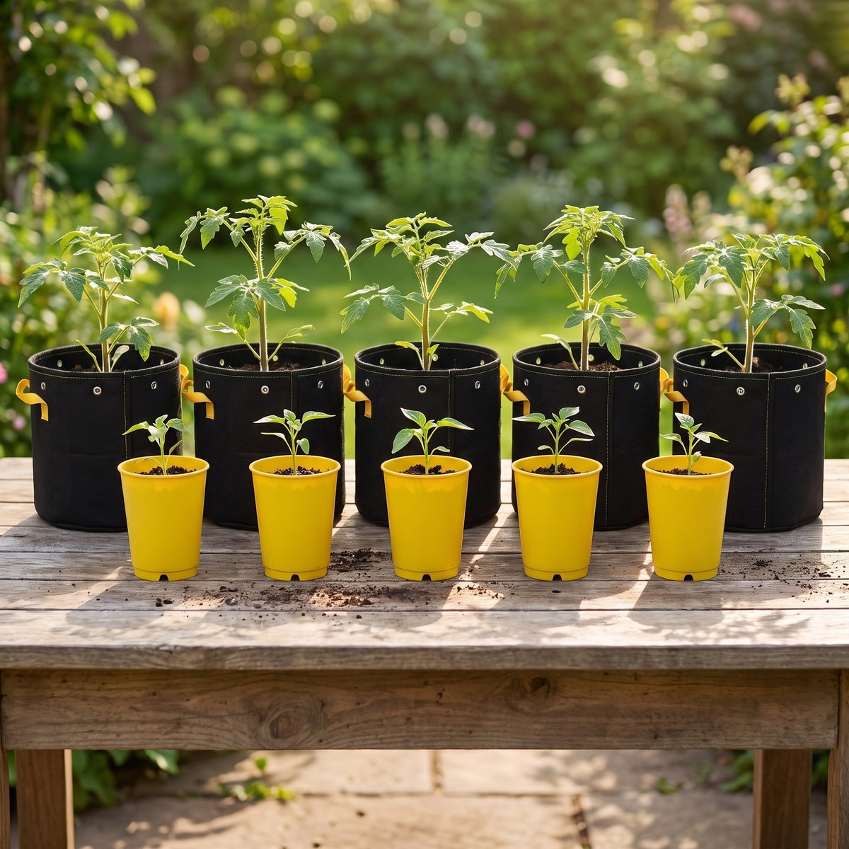 Five seed starting cups with seedlings and five 1 gallon grow bags with young plants on a potting bench