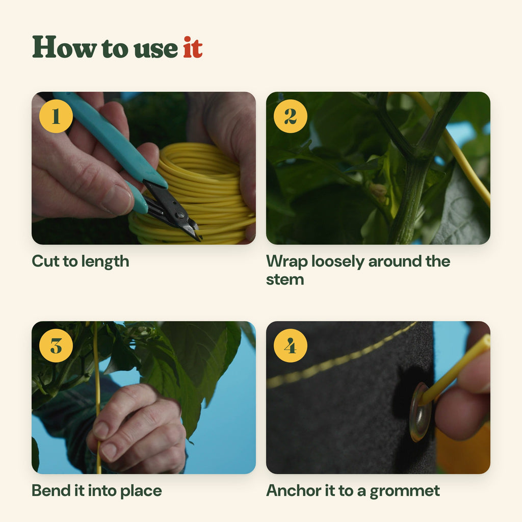 How to use the wire: cut to length, wrap loosely around the stem, bend it into place, anchor it to a grommet