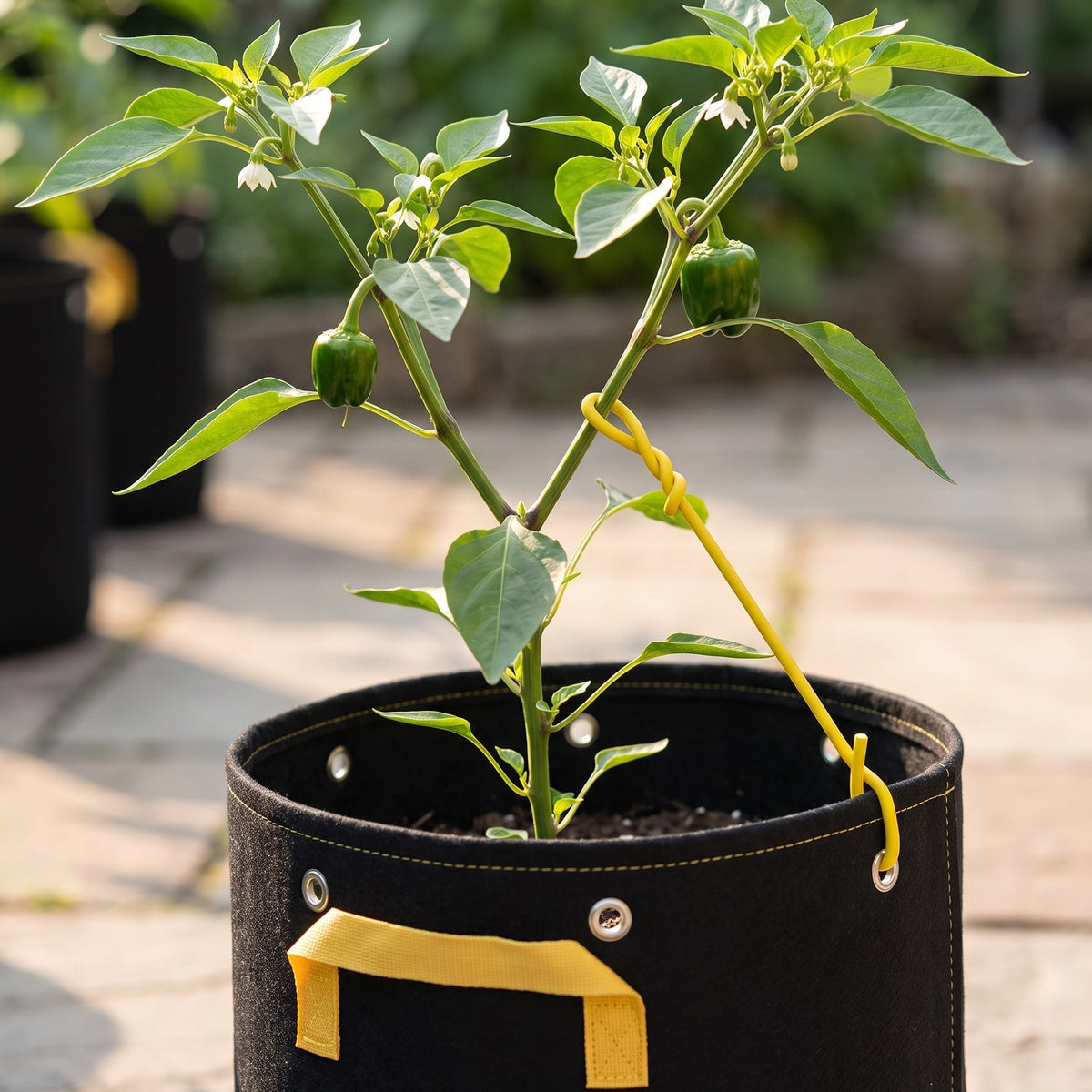 Yellow soft garden wire tying a pepper plant in a black fabric grow bag